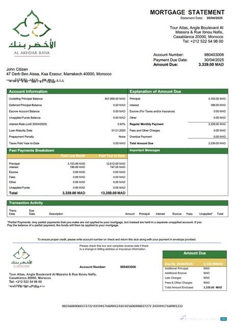 Download Morocco Al Akhdar Bank (AAB) mortgage statement Word and PDF template Photoshop template
